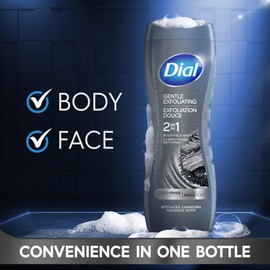 Dial Men 2 in 1 Body and Face Wash, Activated Charcoal, 16 Fl Oz, Pack of 4, Gentle Exfoliating Body Wash with Clean Rinse Technology