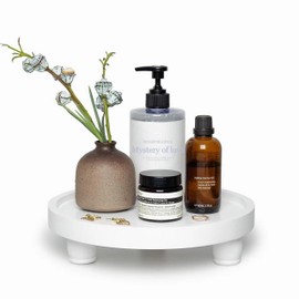 ROSE BLOOM Modern Wood Riser for Display, Farmhouse Pedestal Stand for Bathroom Counter, Kitchen Round Display Tray, Waterproof Organizer for Soap Home Decor (White)