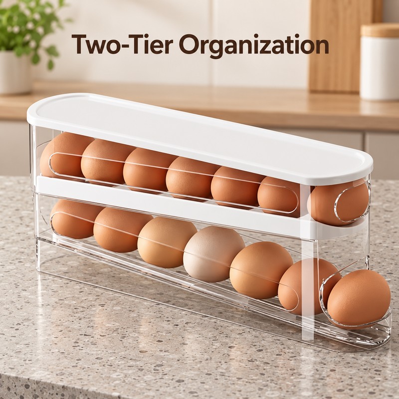 Automatic Rolling Egg Holder for Refrigerator Storage – 2-Tier Space-Saving