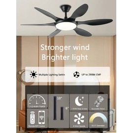 FUMLTP 51 Inch Ceiling Fan with Lights and Remote, Black Modern Ceiling Fan with Dimmable LED Light, Reversible DC Motor for Bedroom, Living Room, Kitchen, Outdoor Covered Patios