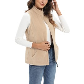 Xeoxarel Women's Fleece Vest with Pockets, Full-Zip Lightweight Sleeveless Classic Fit Outerwear Casual Gilet Khaki Plus 2XL