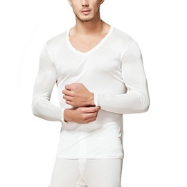 LingDooo Mens Pure Silk Winter Knit Underwear Winter Thermal Long Johns Set V Neck Silk Shirt +Pants