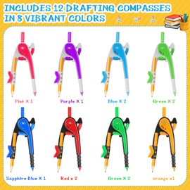 Zonon 12 Pcs Student Math Geometry Compass Bulk 6 Inch Compass for Geometry Plastic Drawing Compass with Pencils Bright Color Precision Tool Back to School Supplies