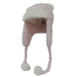 Fleece Teddy Bear Ear Trapper Winter Hat w/Pom Tassels Pink/White