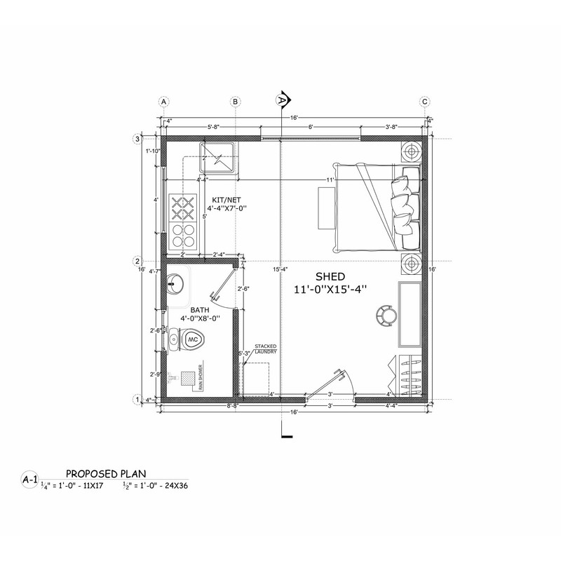 16x16' Studio Tiny Home Shed Building Plans with Floor Plan,