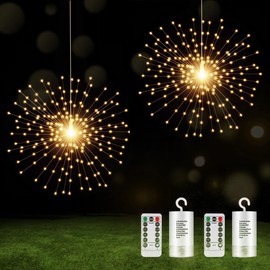 2PCS Luces de Fuegos Artificiales Colgantes, 180 Luces LED de Alambre de Cobre, 8 Modos de Funcionamiento con Pilas, Luces de Cadena Starburst de Hadas con Control Remoto, para Jardín, Patio, Fiesta