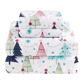 Levtex Home Merry & Bright Collection - White Pine Twin Sheet Set - Top Sheet (66x96in.), Fitted Sheet (39x75), and One Pillowcase (20x30in.) - Christmas Tree - Blue, Red, Green and White - Polyester