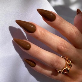 Light Brown Press on Nails Almond Shaped 48Pcs Neutral Thick Fake Nails for Women, Medium Almond Nails Press on Reusable Acrylic Nails Glue on Medium Length Stiletto False Nails Gel Artificial Nails