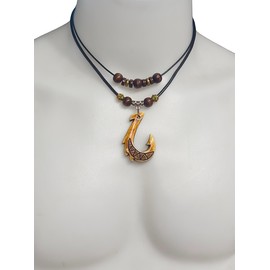 Double Layers Fish Hook Brown Pendant Hemp Cord Chain Maori Tribal Hawaiian Necklace
