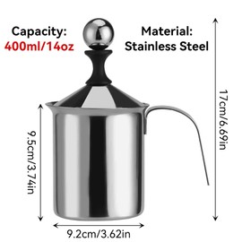 Milk Frother, 400ml/14oz Stainless Steel Pitcher Jug Manual Creamer Frother Cup Hand Pump Milk Foam Maker With Double Mesh Lid for Latte Cappuccino Coffee Cream Frothing