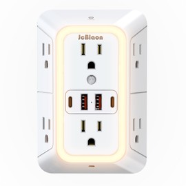 Wall Outlet Extender with Night Light, Power Plug Adapter 6 Outlet Extender with 4 USB Charging Ports 1050J Power Strip Multi Plug Adapter Spaced for Home Travel Office (2U2C)