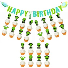YiiiGoood Alien Birthday Party Decoration Kit Alien Happy Birthday Banner & Cupcake Toppers Funny Hilarious Phrases UFO Alien Theme Party Decorations for Kids Adults Birthday Baby Shower Corporate Events