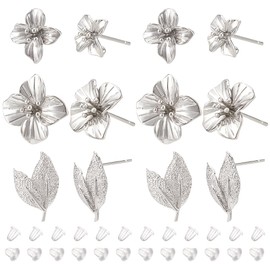 BENECREAT 12 Pieces 3 Styles Brass Rivets, Platinum Flower and Leaf Stud Earrings, Brass Rivets with Loops and 30 Pieces Plastic Rivets for DIY Earring Craft Accessories, Pen: 0.5-0.8 mm