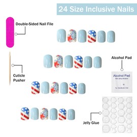4th of July Press on Nails Extra Short Square SWEKKE Light Blue Fake Nails Cute Nails False Nails with Stars Stripes Designs Full Cover Glossy Glue on Nails Stick on Nails for Women Girls 24 Pcs