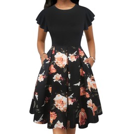 oxiuly Women's Flare Sleeve Scope Neck Church Vintage Dresses Casual Party Cocktail Dresses with Pockets OX376 (Fei BK-MDF, XXL)