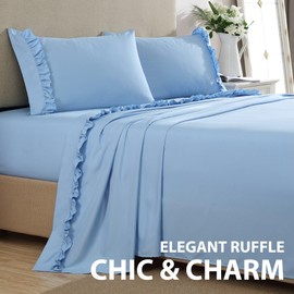 Swift Home Ruffled Hem Microfiber 3-Piece Sheet Set, Double Brushed & Ultra-Soft, Wrinkle Resistant, Easy Fit, Durable – Blue Bell, Twin