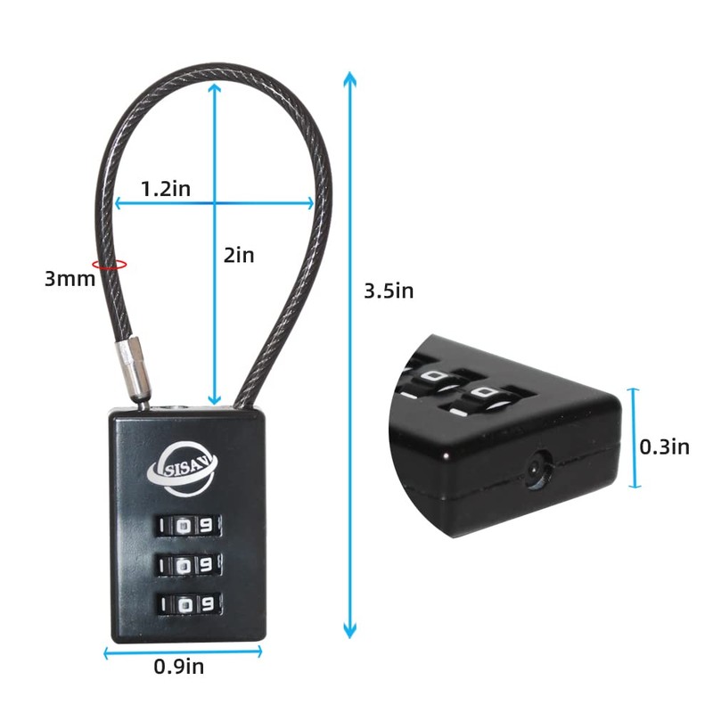 SISAV 3 Digit Cable Combination Lock 5 inches Cable for