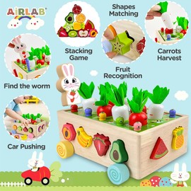 Airlab Montessori Toy from 1 Year, Wooden Toy for Children, 7-in-1 Carrot Harvest Motor Skills Toy, Farm Game Made of Wood, Children's Toy, Educational Toy, Gift for Girls and Boys