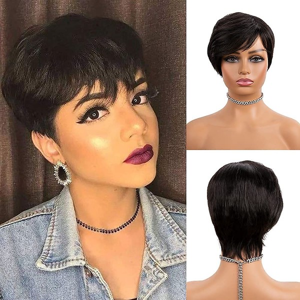 ISHINE Short Human Hair Wigs for Black Women Short Pixie Cut Wigs Side Bangs Short Wigs Human Hair Short Wigs -1B Color Natural Black (6 Inch)