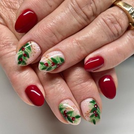 Christmas Red Press on Nails Short Almond YEFIUO Xmas Pink Fake Nails Press ons Nail Art Tip Full Cover Acrylic Glossy Winter False Nails Glue on Nails with Christmas Fruit Branches Design for Women