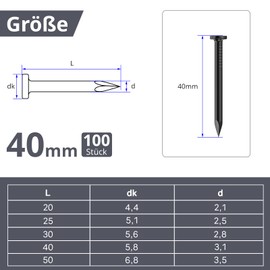 ORTAVA Pack of 100 Steel Nails, Nails for Concrete Walls, Galvanised, Nail Woodworking Brick, Universal Use Indoor and Outdoor Use, Black (40 mm)