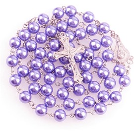Kuesn 8mm Pearl Rosary Beads Catholic Necklace Glass Beads Necklace with Crucifix Charms Long Rosary Beads Necklace Prayer Beads Catholic Rosary Necklace for Women Gifts (Purple)