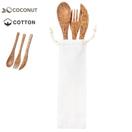 4 Bestecksets dreiteilig aus Kokosnuss im Baumwollbeutel mit Löffel, Messer, Gabel Holzbeck Besteckgarnitur nachhaltig und umweltfreundlich und wiederverwendbar