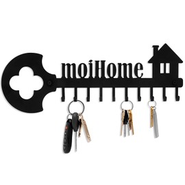 moiHome Key Organizer Wall Mount Rack - Decorative 10 Hook Iron Key Ring Holder for Wall - Ideal for Entryway, Front Door, Kitchen, Hallway - Includes Screws & Anchors – 5 x 14.75 Inches, Black
