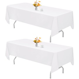 HAISIWLKJ 2 Pack 60 x 102 Inch White Rectangle Tablecloth for 6 Foot Table Washable Reusable Outdoor Polyester Fabric Decorative TableCover for Dining Table, Buffet, Camping, Baby Shower, Party