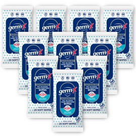 Germ-X Advanced Single-Use Hand Sanitizer Wipes, 20 Soft Wipes (Pack of 10), Fast-Drying & No Rinse Plant-Based Alcohol, Moisturizing Hand Sanitizer with 70% Alcohol