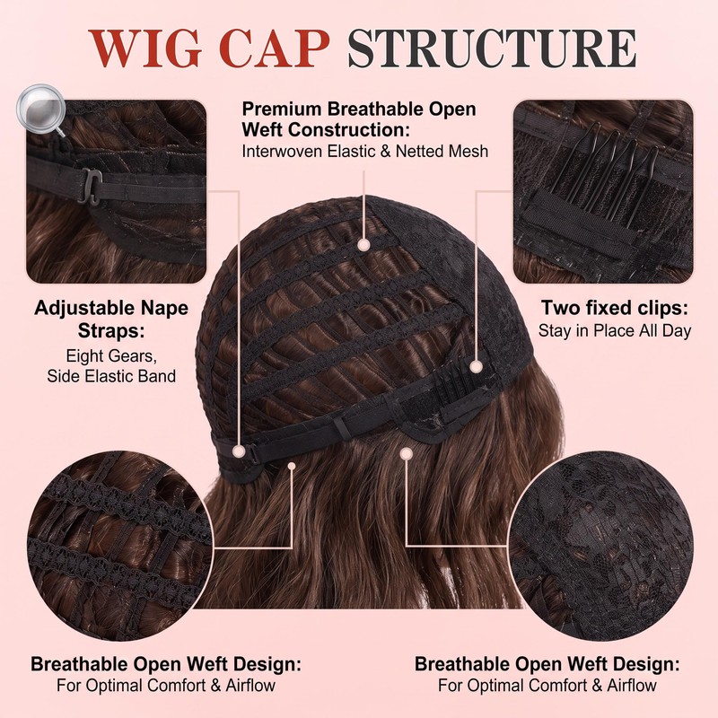 Black Short Bob Wavy Wig with Bangs for Women 14inch