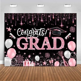 Mocsicka 2025 Congrats Grad Backdrops Black and Rose Gold Graduation Decorations Class of 2025 Pink Prom Congratulations Graduate Photo Background Props (7x5ft (82x60 inch))