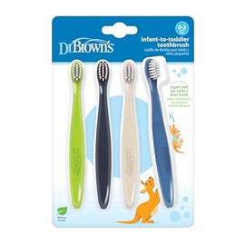 Dr. Brown's - Juego de cepillos de dientes manuales suaves y suaves para bebé, verde/azul oscuro/crudo/azul, sin BPA, 0-3 años, paquete de 4