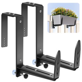 Window Box Brackets, Adjustable Planter Box Brackets, Heavy Duty Iron Flower Box Bracket for Deck Railing with Upgraded Bottom Support - Ideal for Balconies, Fences, and Gardens (2 Pack)