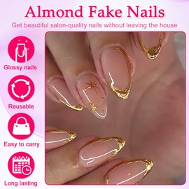 Ceboic Press on Nails Almond, Medium Long Nude Pink Nails for Sticking, French Gold Tip Artificial Nails, Shiny Full Cover Acrylic Artificial Nails, Fake Nails for Women, Girls, Manicure, Pack of 24