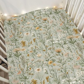 Vintage Wild Flowers Baby Crib Sheets for Boy Girl 52"x28" Retro Plants Soft Stretchy Fitted Crib Mattress Cover Spring Summer Baby Sheet for Standard Crib & Toddler Mattress Pads