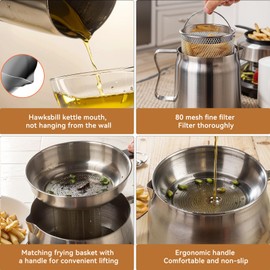 2L Oil Filter Pot Bacon Grease Saver with Strainer, 68oz Frying Basket Large Capacity Bacon Grease Container with Meat Thermometer & 50 Wax Papers Stainless Steel Grease Container for Kitchen Camping