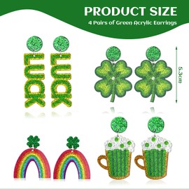 CharmBurst Pack of 4 St. Patrick's Day Earrings, Funny Green Clover Dangle Earrings, Irish Festival Accessory for Women, Shamrock Earrings for St Patricks Day, multicoloured