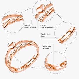 HEEYA Rings 925 Silver for Women Heart Ring Stacking Thumb Ring Adjustable Wedding Rings Crossover Ring with 5A Cubic Zirconia Eternity Engagement Promise Ring for Women Jewellery Gift