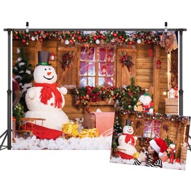 LYWYGG 7x5FT Vinyl Cute Snowman Photography Backdrop Christmas Backdrop Holiday Home Christmas Tree Gifts Background for Christmas Party Decoration Studio Props CP-98