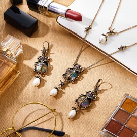 2 Pcs Beetle Dangle Earrings Necklace Set Vintage Bug Fun Earrings for Women Pearl Drop Scarab Jewelry for Bridal Bridesmaids Prom Party Supplies