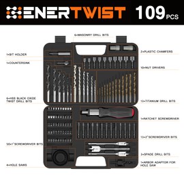 ENERTWIST Drill Bit Set, Drill Bits for Metal, Wood, Masonry-109Pcs Titanium, High Speed Steel Drill Bit Screwdriver Bit Set with Ratchet Screwdriver in Storage Case
