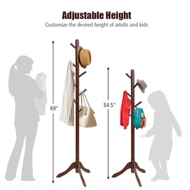 S AFSTAR 8-Hook Coat Rack Freestanding, Wood Coat Tree With 3 Adjustable Height, Standing Jacket Hanger for Hats Purses Scarves, Easy Assembly, Clothes Hanger Stand for Bedroom Entryway (Brown)
