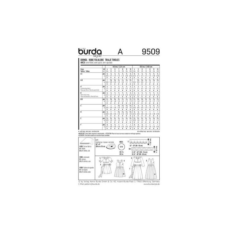 Burda Children's Sewing Pattern 9509 - Dirndl Dresses & Aprons