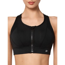Yvette Strong Support Sports Bra Large Breasts with Front Closure Mesh Ringer Back Without Underwire for Fitness Running, black