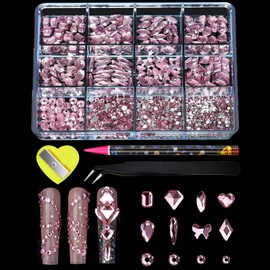 Nail Art Rhinestones Kit, Multi Shapes 3D Nail Gems, Crystal Flatback Nail Rhinestones, Glass Round Beads, Nail Charms Jewelry Diamond with Pickup Pen + Tweezer for Manicure Craft Decoration, Pink