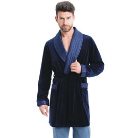 LEVERIE Elegant Men's Short Tuxedo Cotton Bathrobe / Dressing Gown with Tie Belt and Pockets - Made in the EU, darkblue