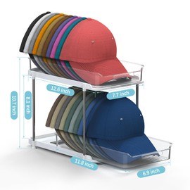 Gomyrod Hat Rack for Baseball Caps, 2-Tier Clear Hat Organizer for Closet Space Saving Hat Storage Holds up to 20 Caps, Pull-Out Cabinet Organiser with Track for Closet & Bedroom