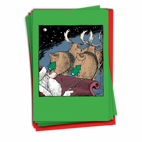 NobleWorks - 12 Cartoon Merry Christmas Cards - Funny Holiday Humor Greetings, Boxed Notecard Set with Envelopes (1 Design, 12 Cards) - Reindeer Fresheners B2533XSG