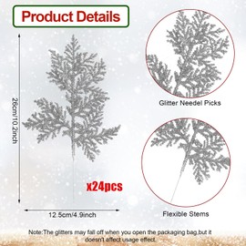 FOIMAS 24pcs Artificial Pine Needles Glitter Christmas Floral Picks Branches Fake Floral Twig Picks Sprays for Christmas Tree Wreaths Floral Arrangement Home Holiday Decor,Silver